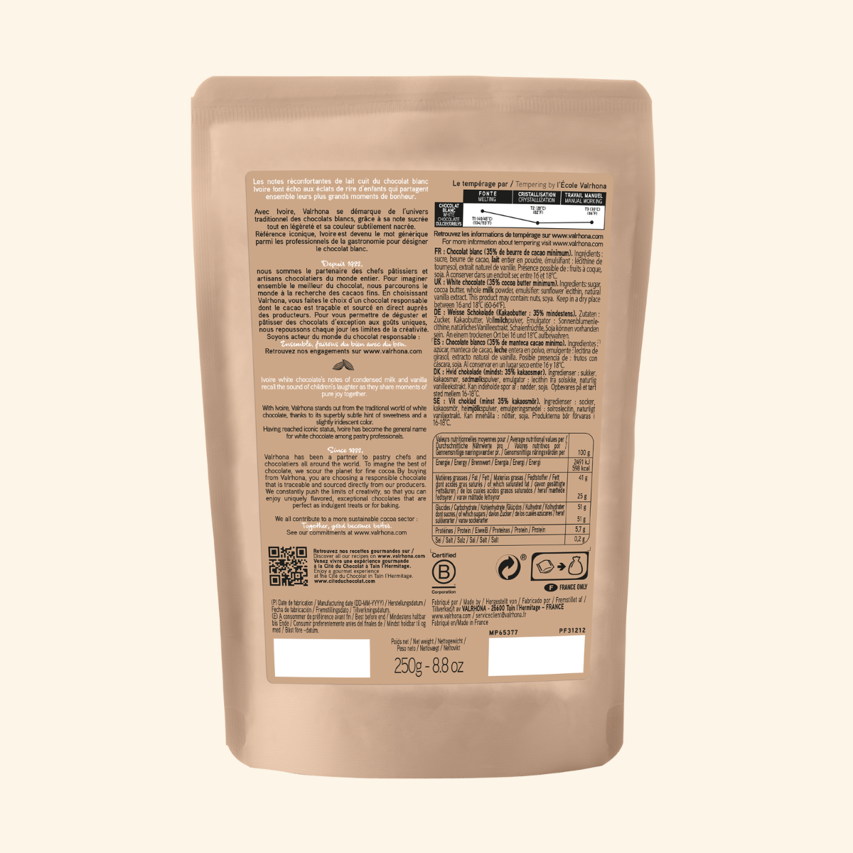 dos chocolat blanc à pâtisser ivoire valrhona 250g