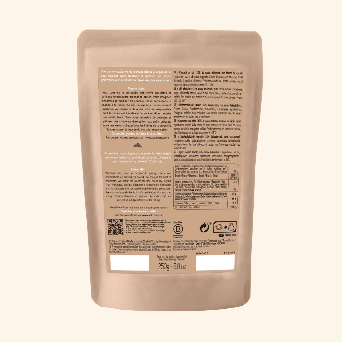 Dos packaging pépites de chocolat au lait Valrhona