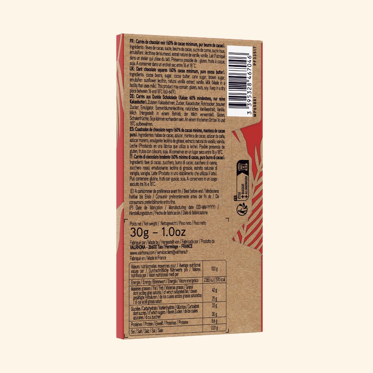 Dos du coffrets plumier - instants grands crus Valrhona