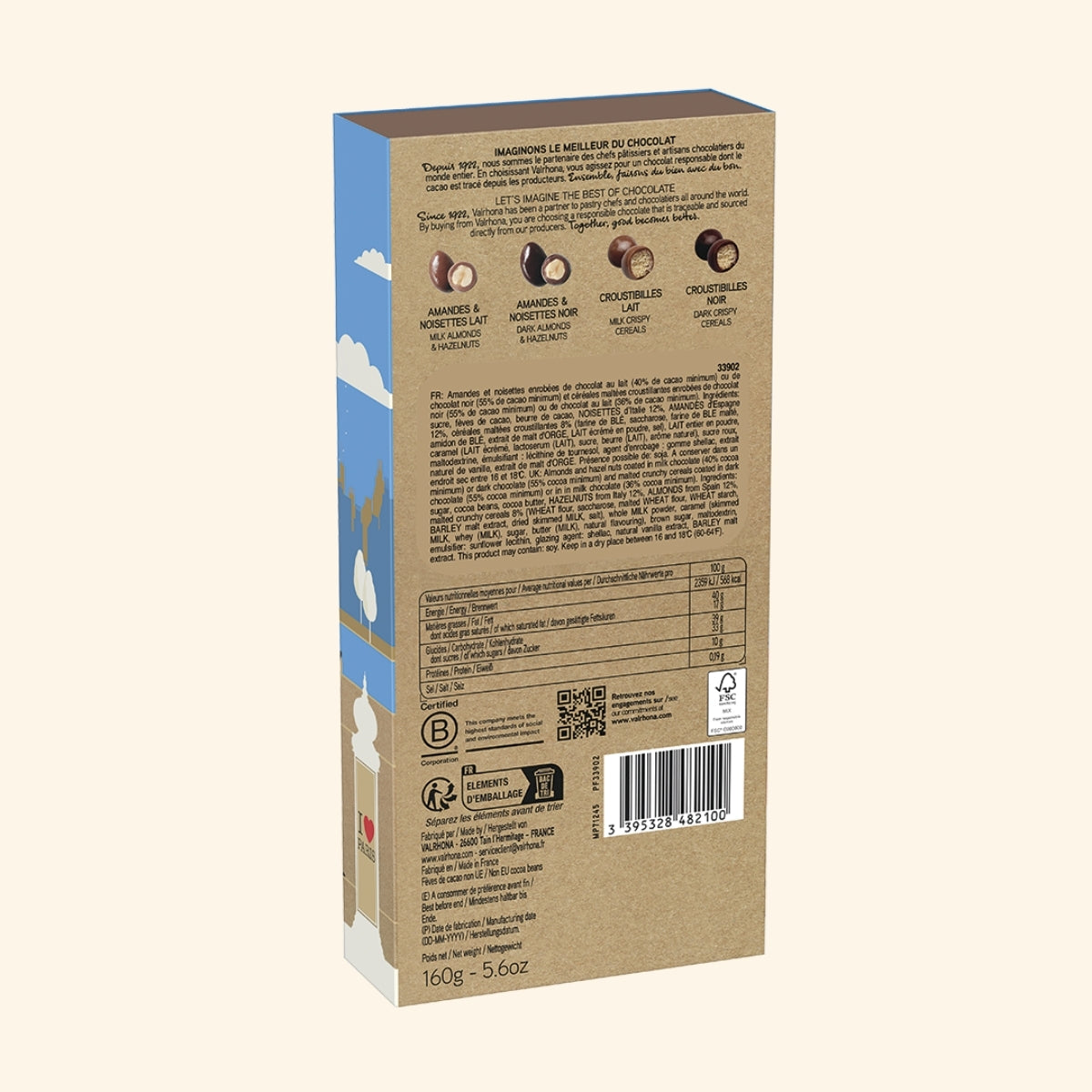 Dos du coffret amandes, noisettes et croustibilles lait et noir - Valrhona