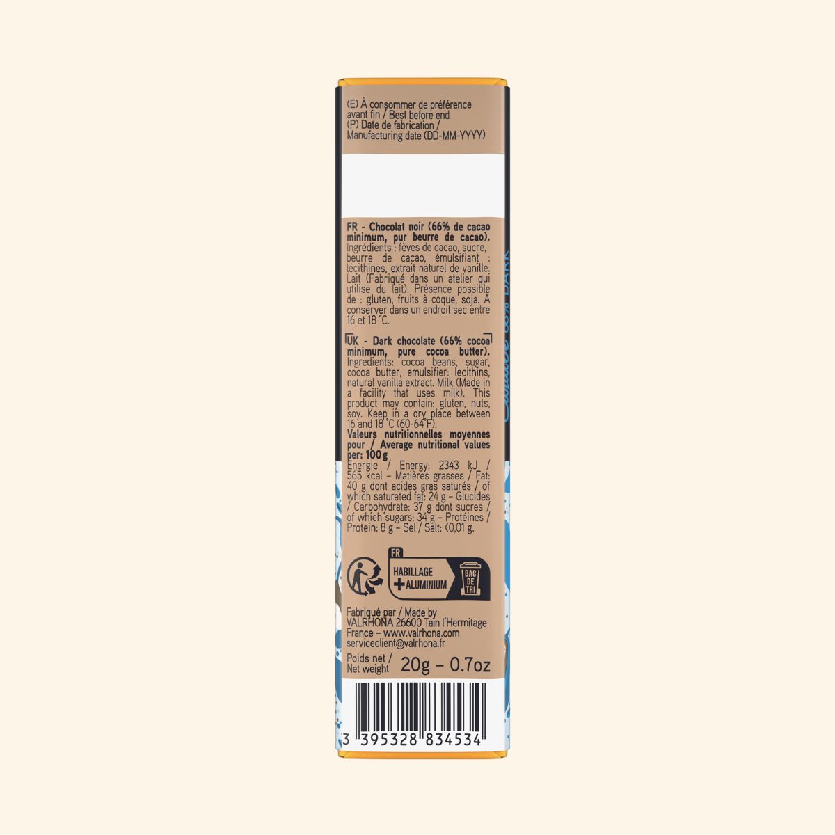 dos de la mini tablette Caraibe de Valrhona