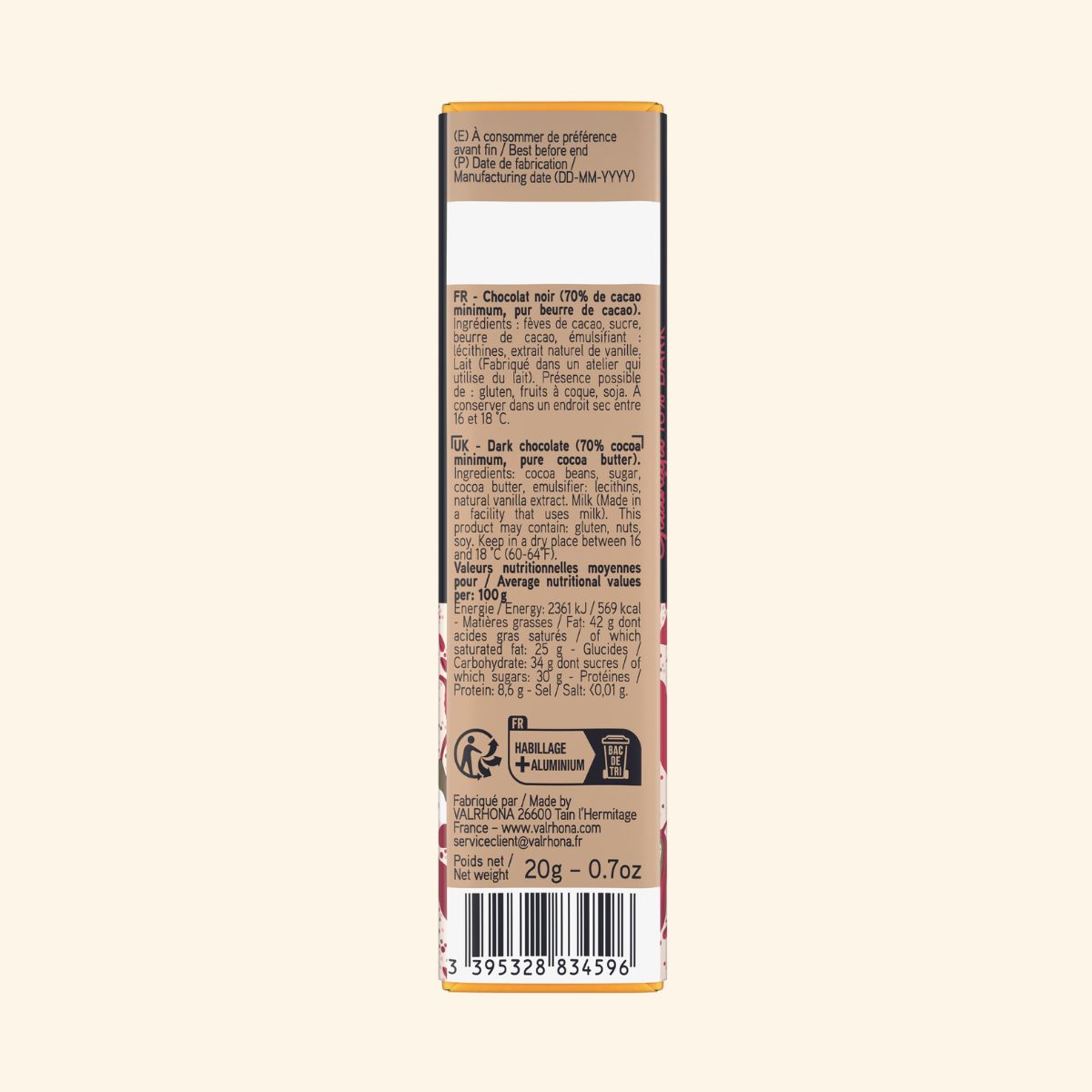 dos de la mini tablette de chocolat Guanaja Valrhona