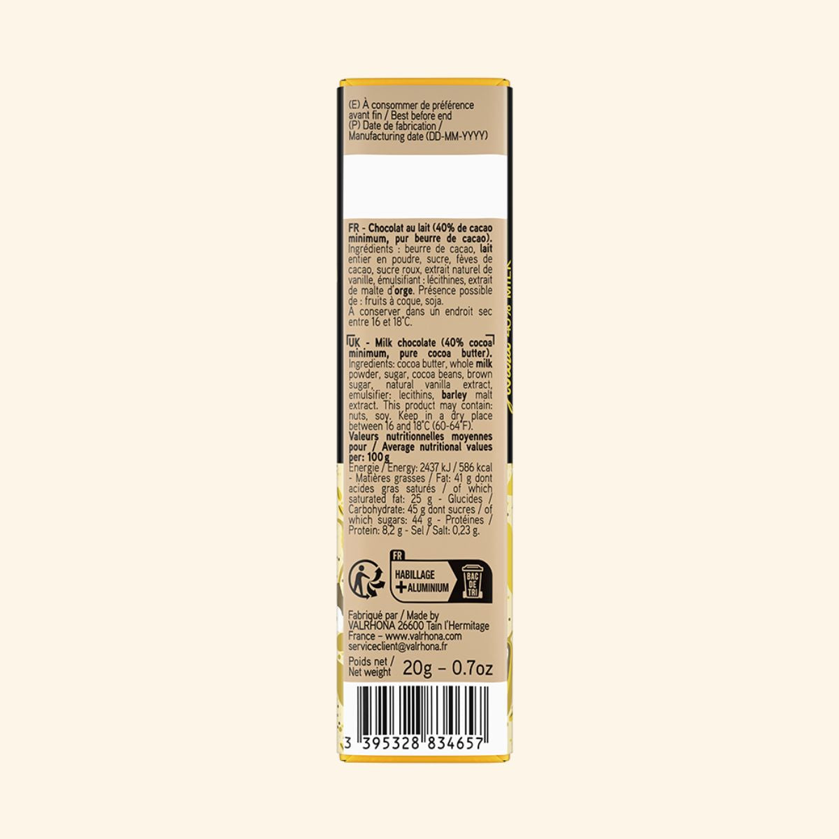 dos de la mini tablette Jivara Valrhona