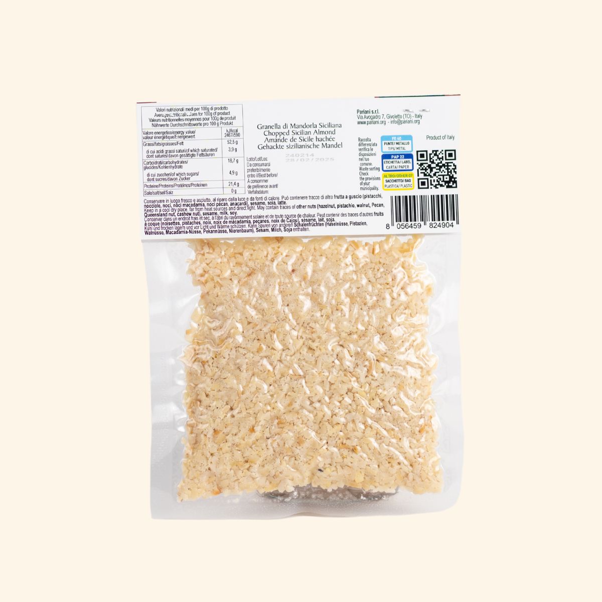 Sachet d'amandes concassées vue de dos