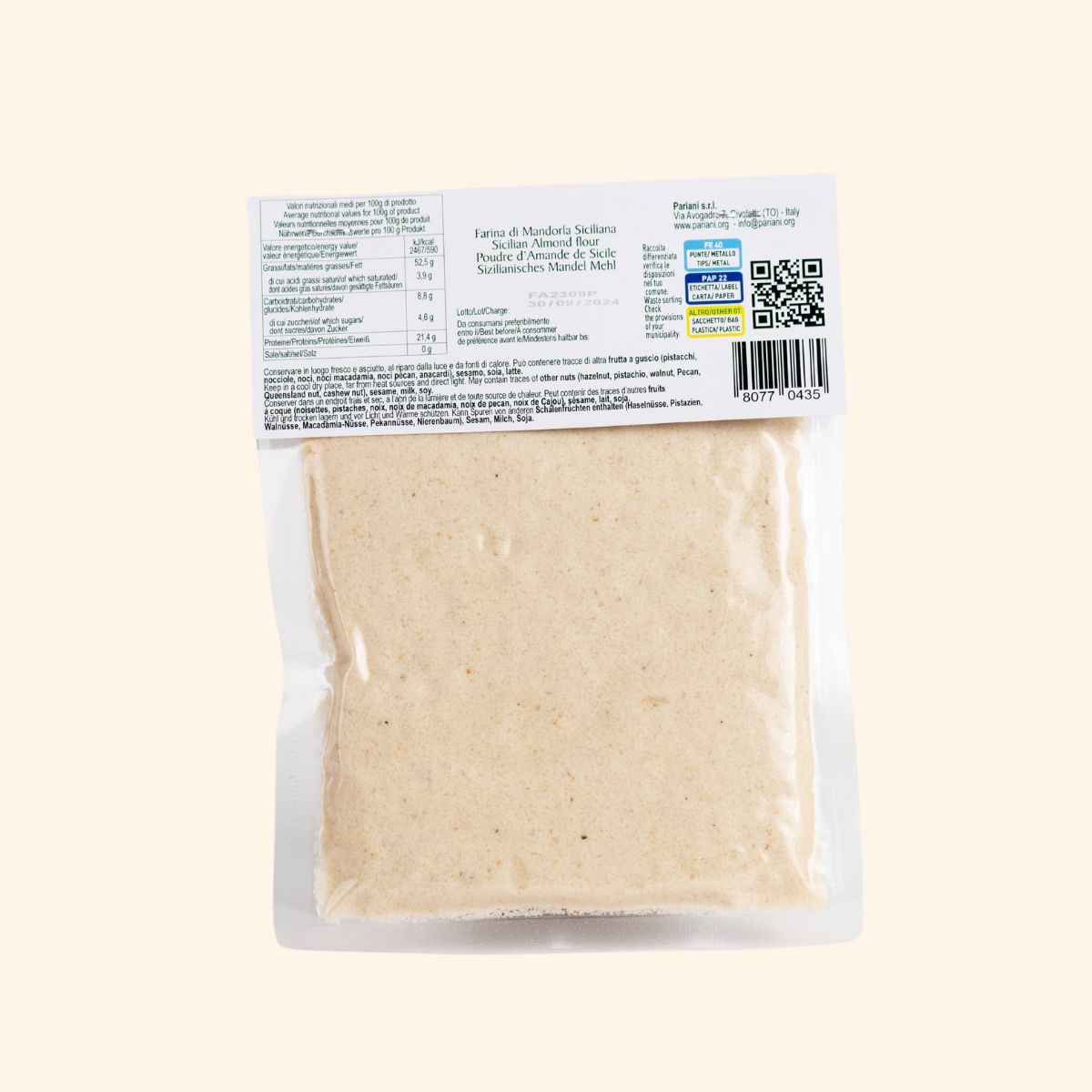 Sachet de poudre d'amande vue de dos
