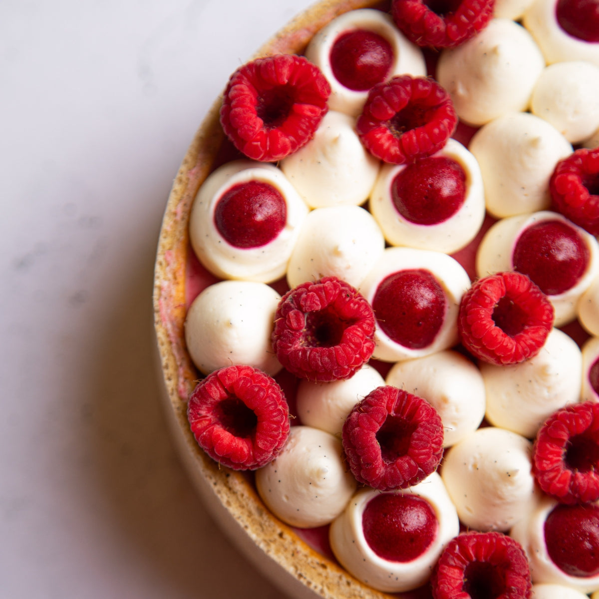entremets à la framboise et au chocolat photographié du dessus
