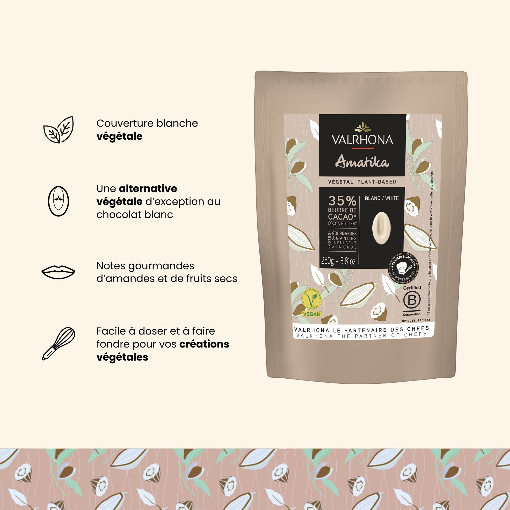 amatika 35% couverture blanche végétale, alternative végétale d'exception au chocolat blanc, notes d'amandes et de fruits secs, facile à doser et à fondre