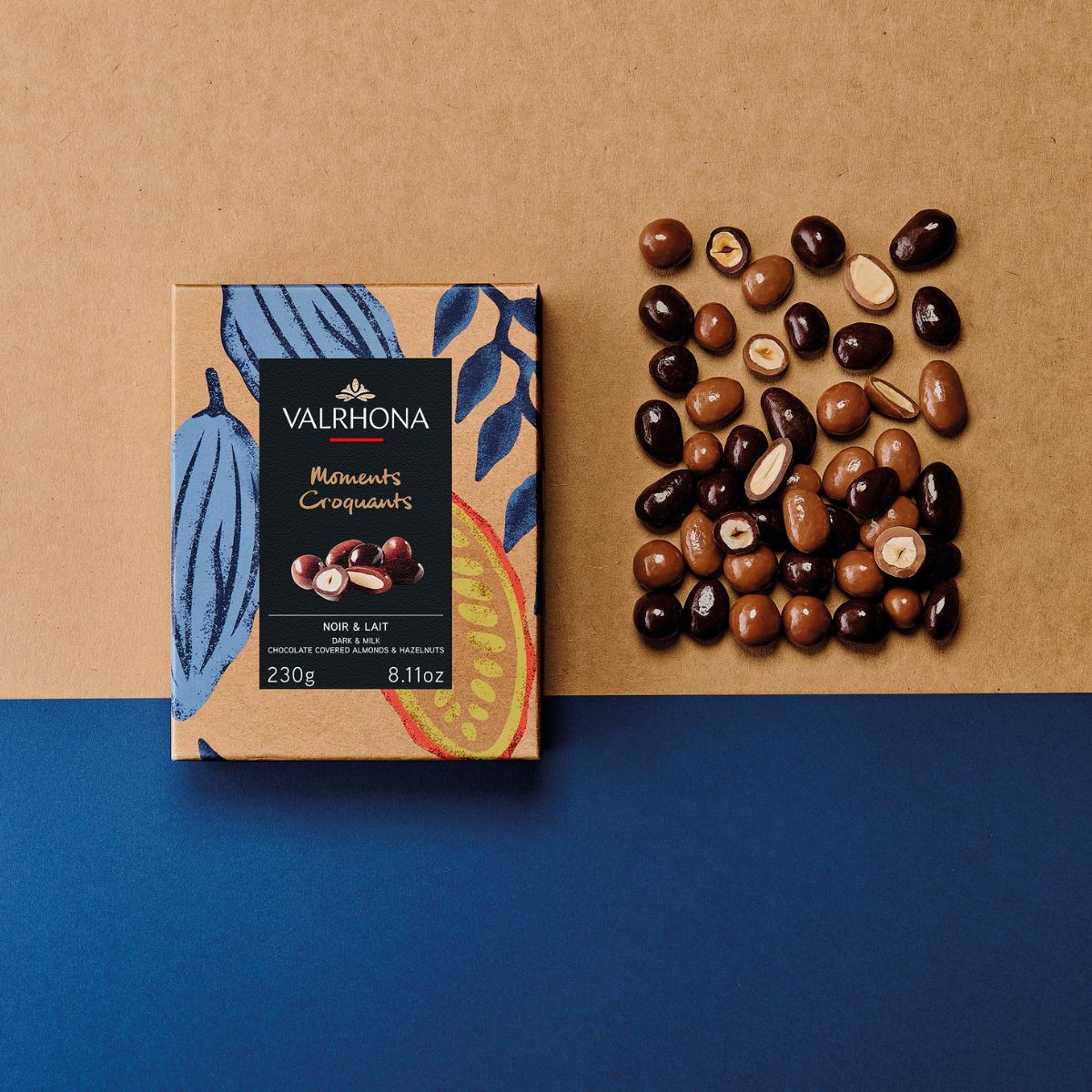 amandes et noisettes enrobées de chocolat noir et lait