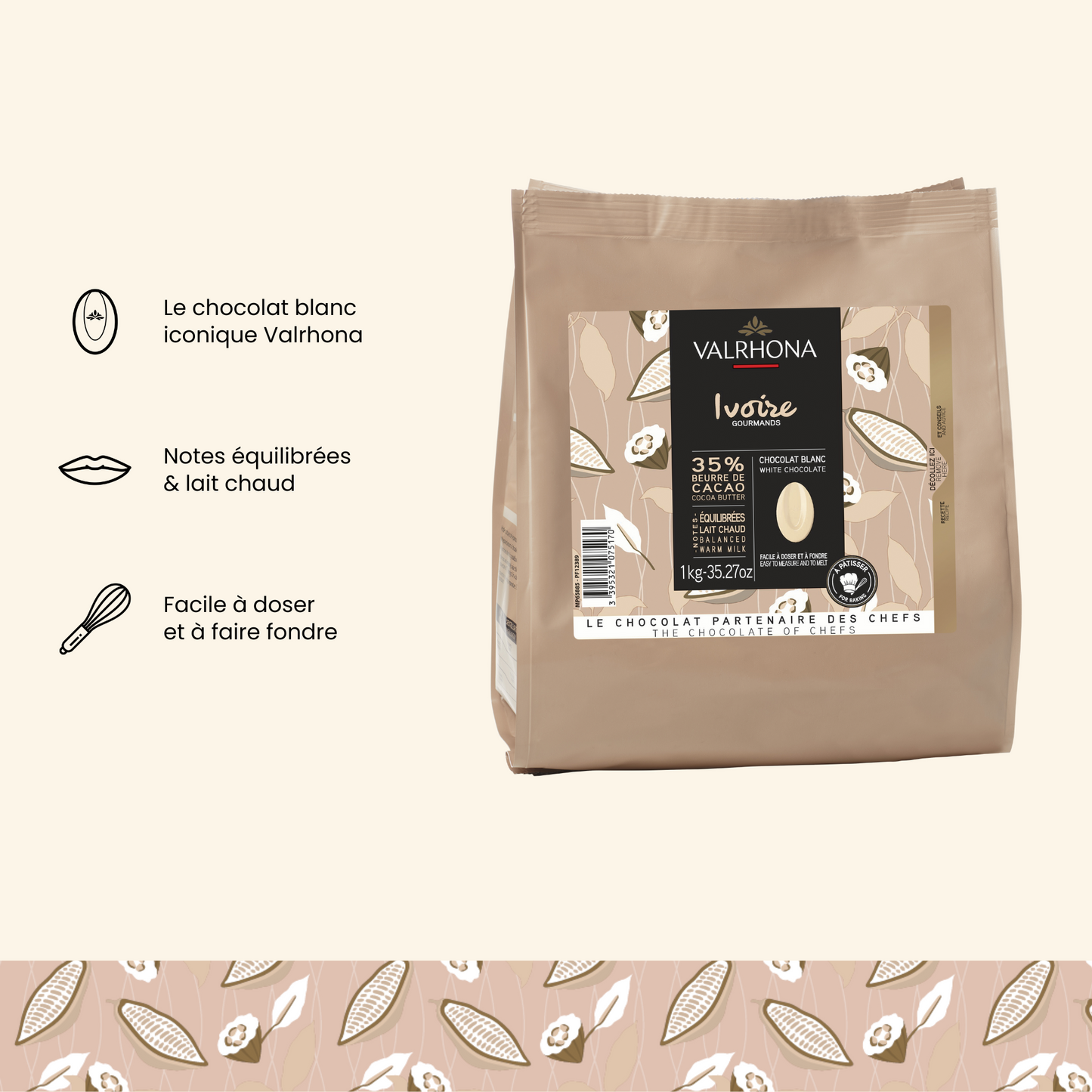 arguments chocolat blanc à pâtisser ivoire valrhona 1kg