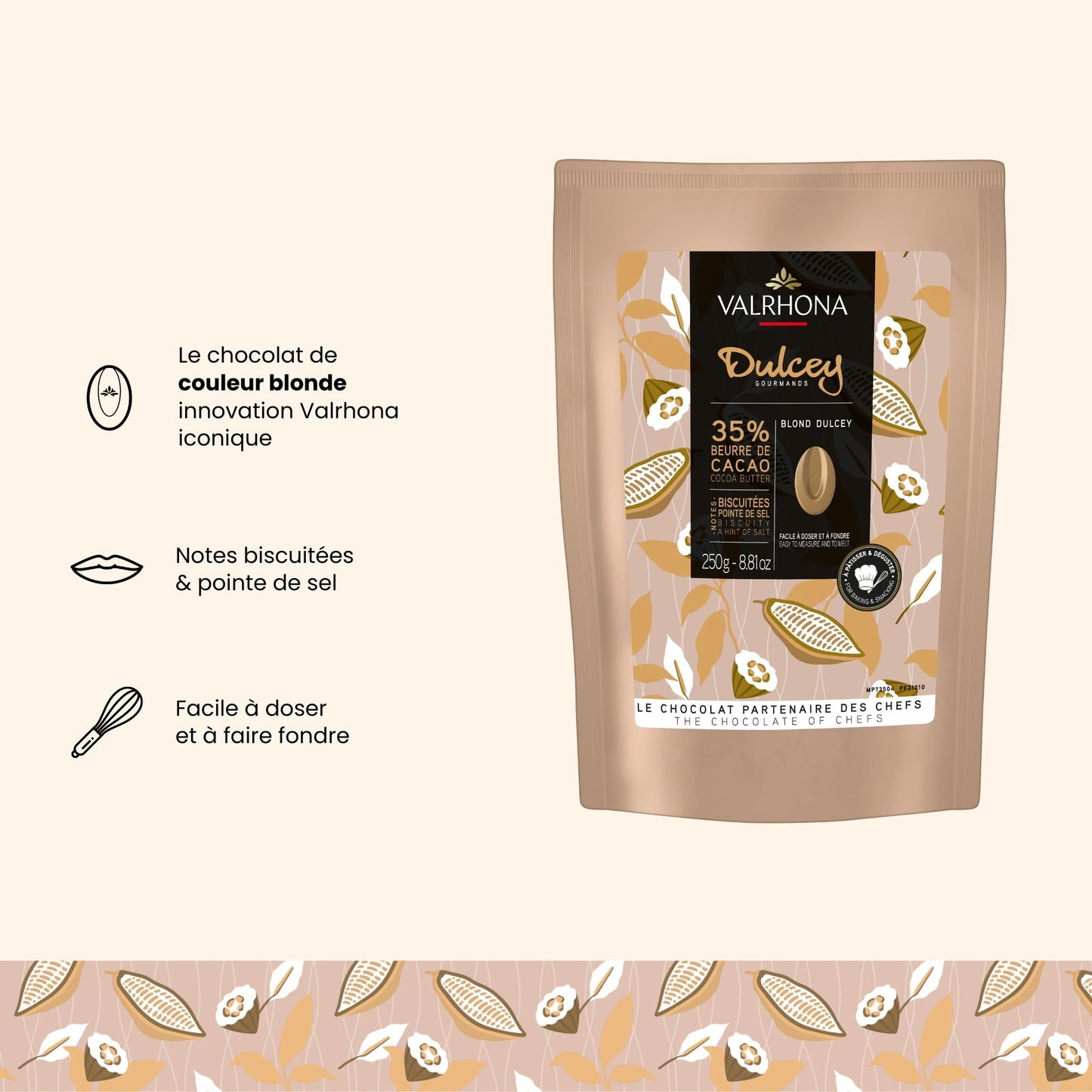 Chocolat de couleur blonde pour la pâtisserie Dulcey 35% - 250g