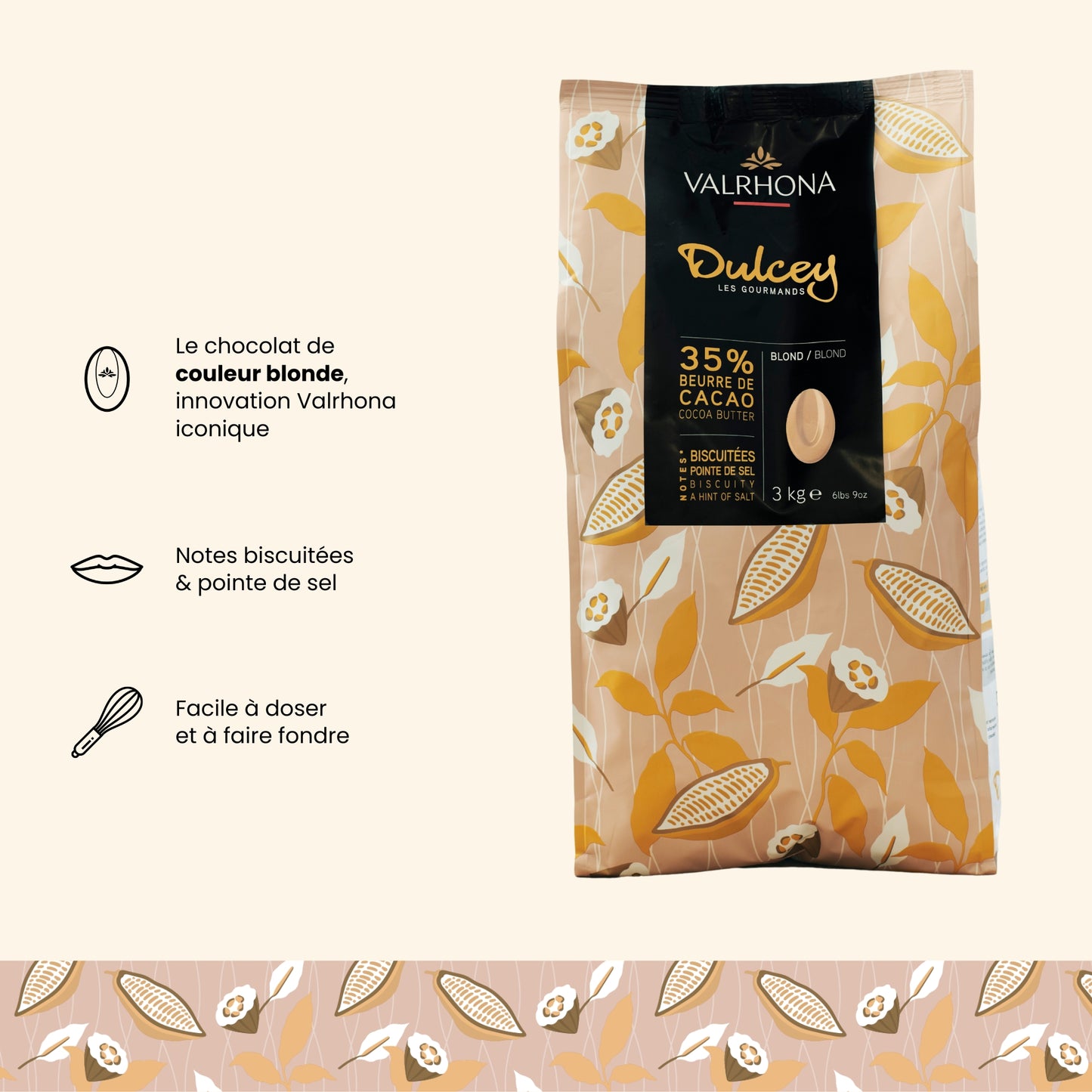 Chocolat de couleur blonde pour la pâtisserie Dulcey 35% - 3kg