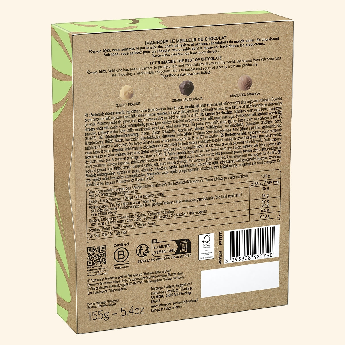 Dos du coffret 12 truffes en chocolat noir, lait et Dulcey