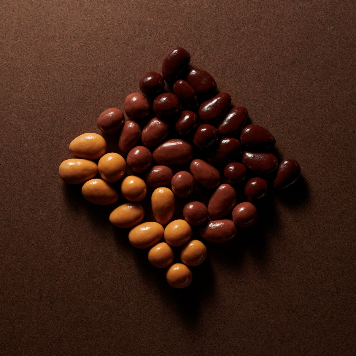 amandes et noisettes au chocolat noir, au lait et dulcey disposées sous forme de losange sur un fond marron foncé