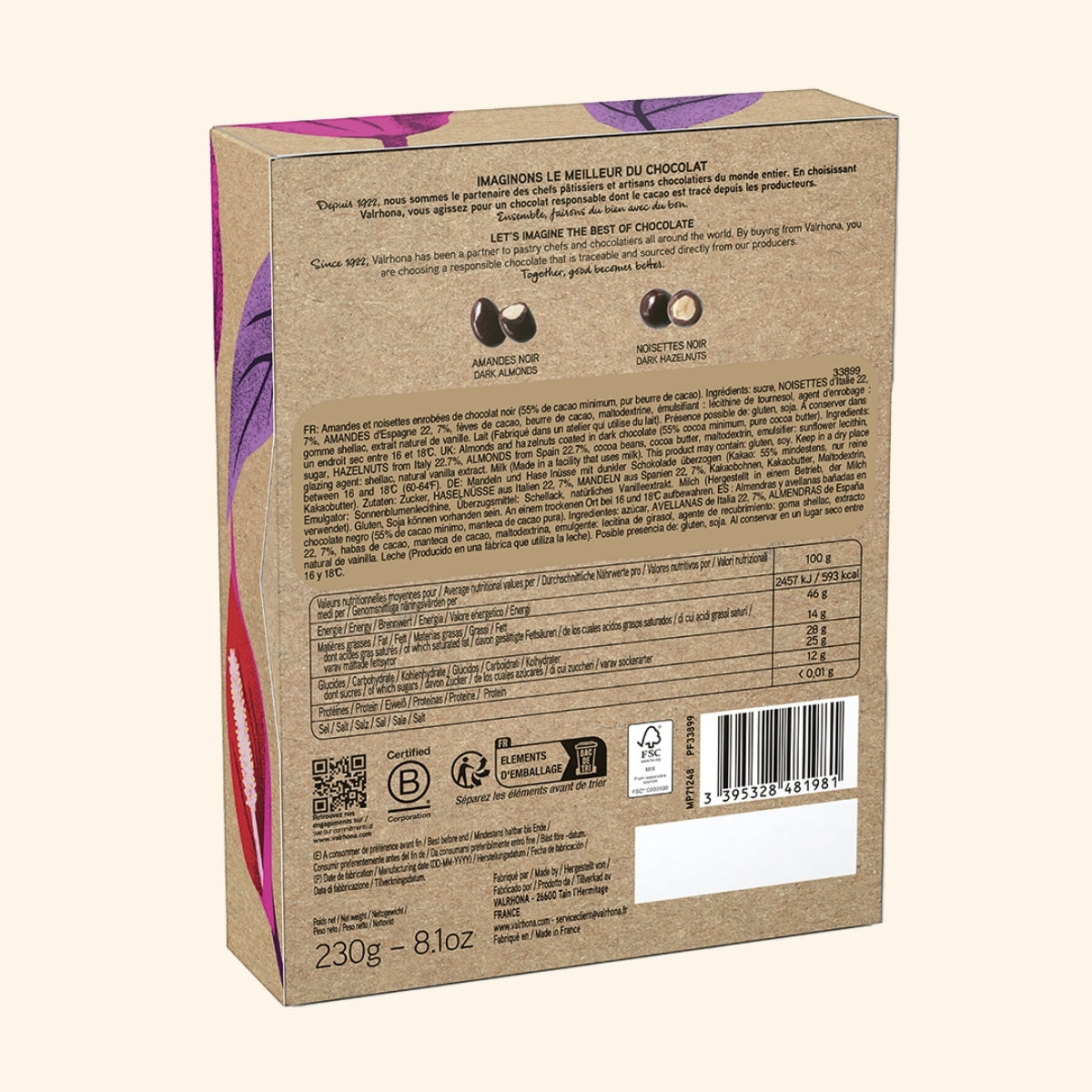 Dos du coffret amandes et noisettes enrobées de chocolat noir 