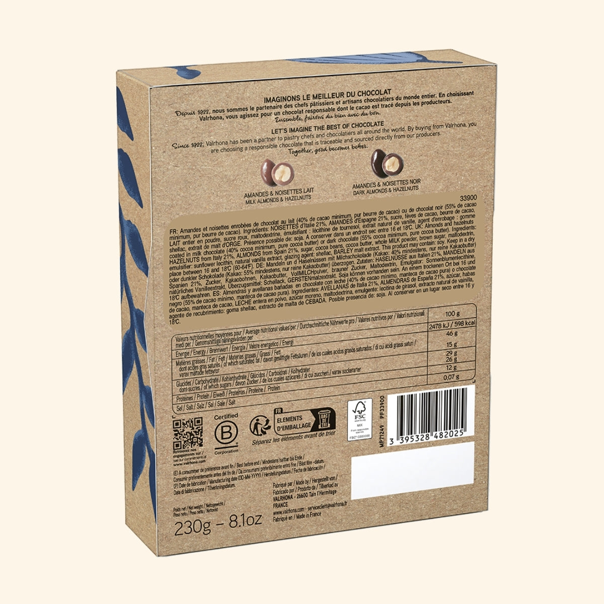 Dos du coffret amandes et noisettes enrobées de chocolat lait et noir 