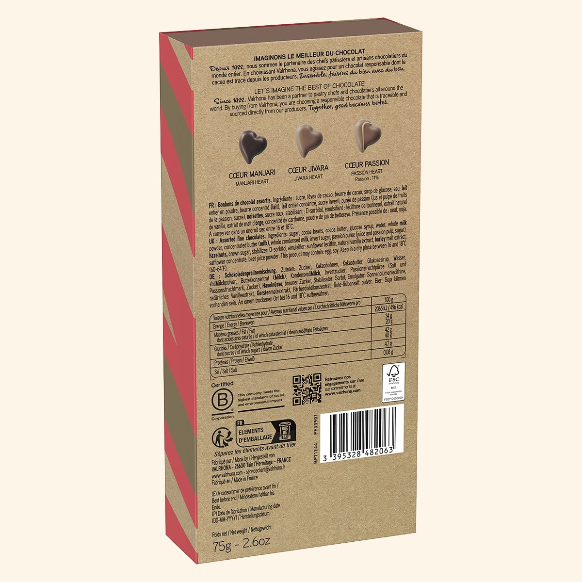 Dos du coffrets coeurs en chocolat lait, noir, et passion