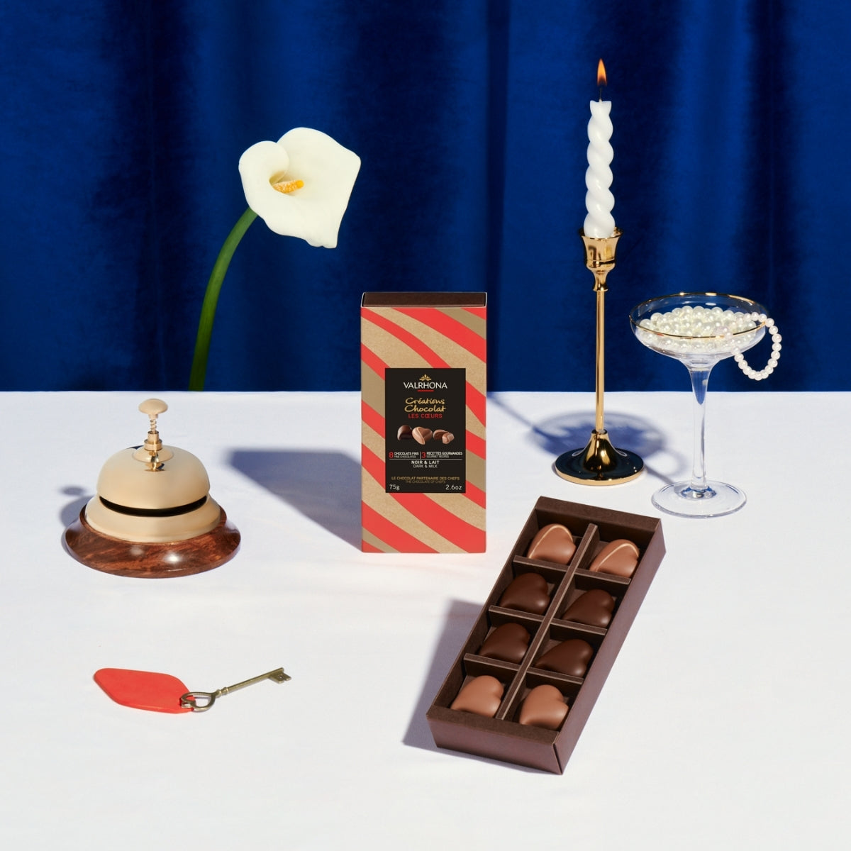 Visuel ambiance coffret ouvert coeurs en chocolat 