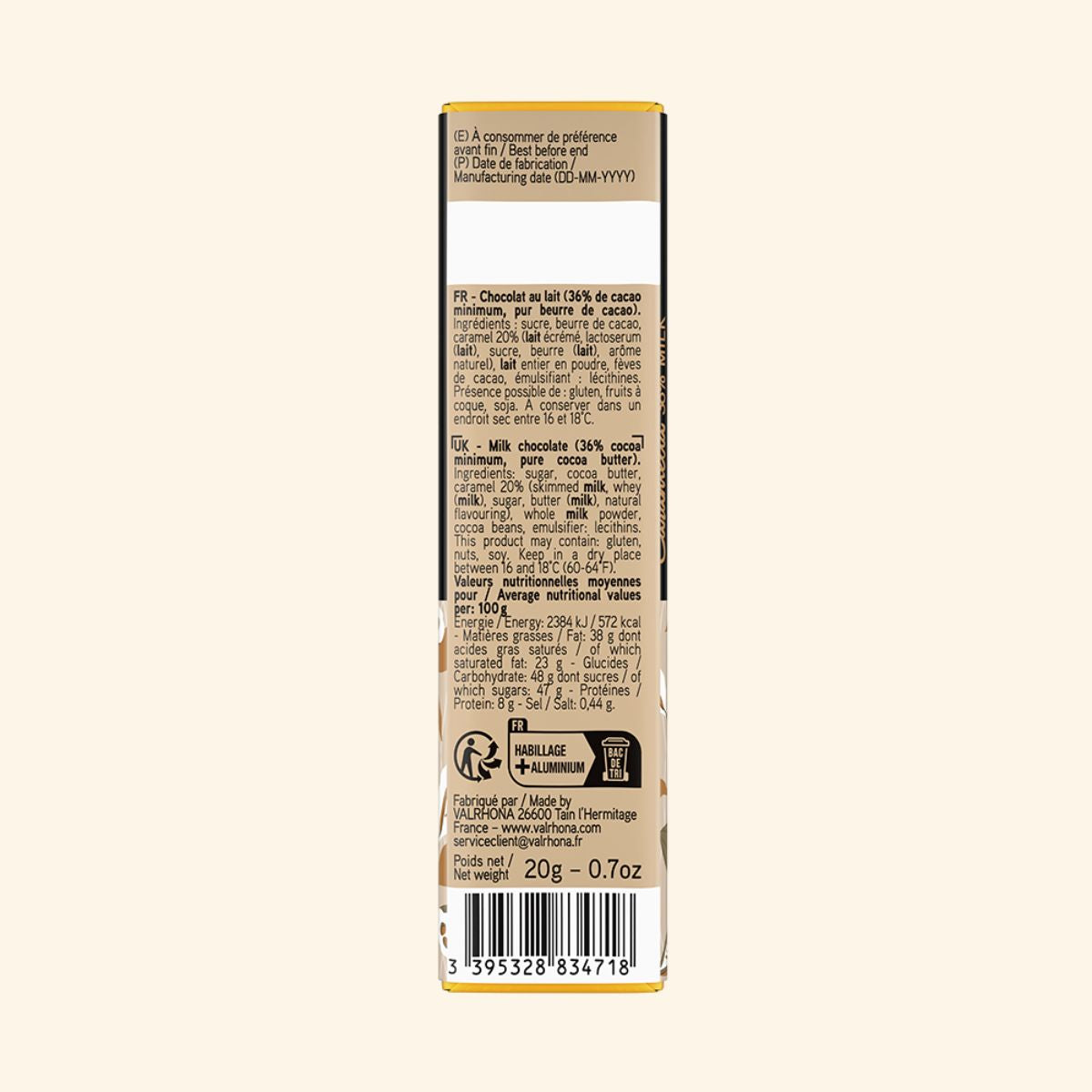 dos de la mini tablette caramélia de Valrhona
