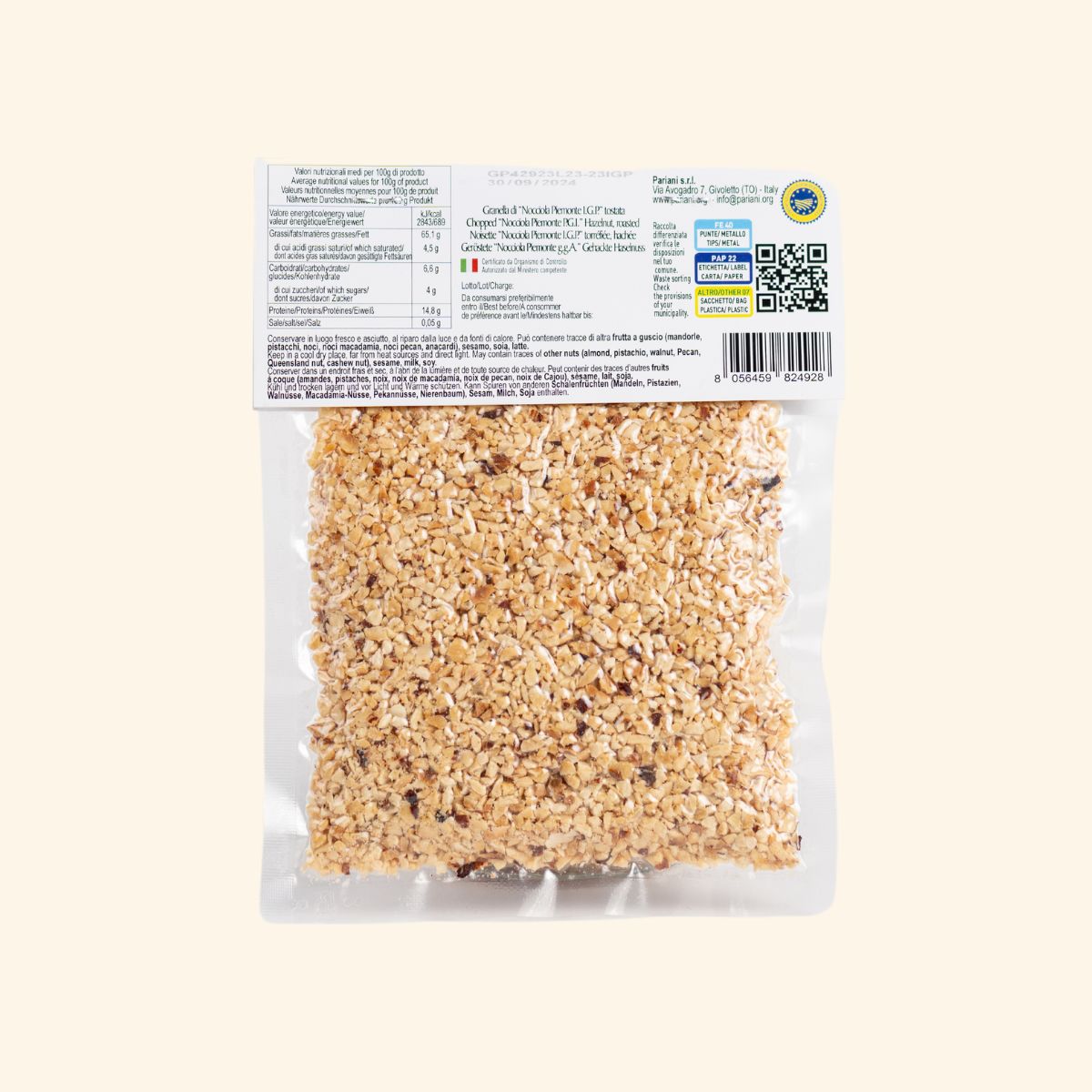 Sachet de noisettes concassées vue de dos