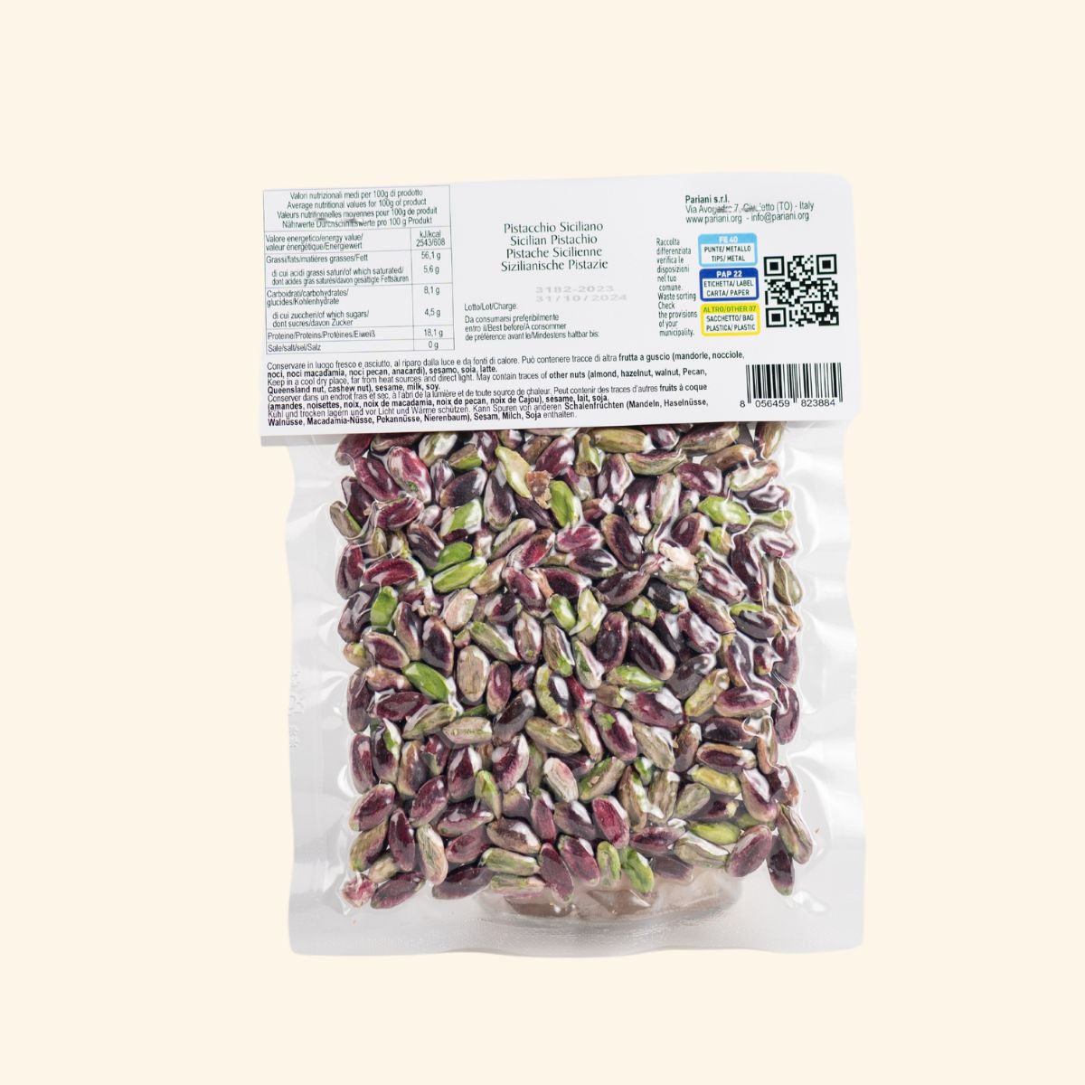 Sachet de pistaches Pariani vue de dos