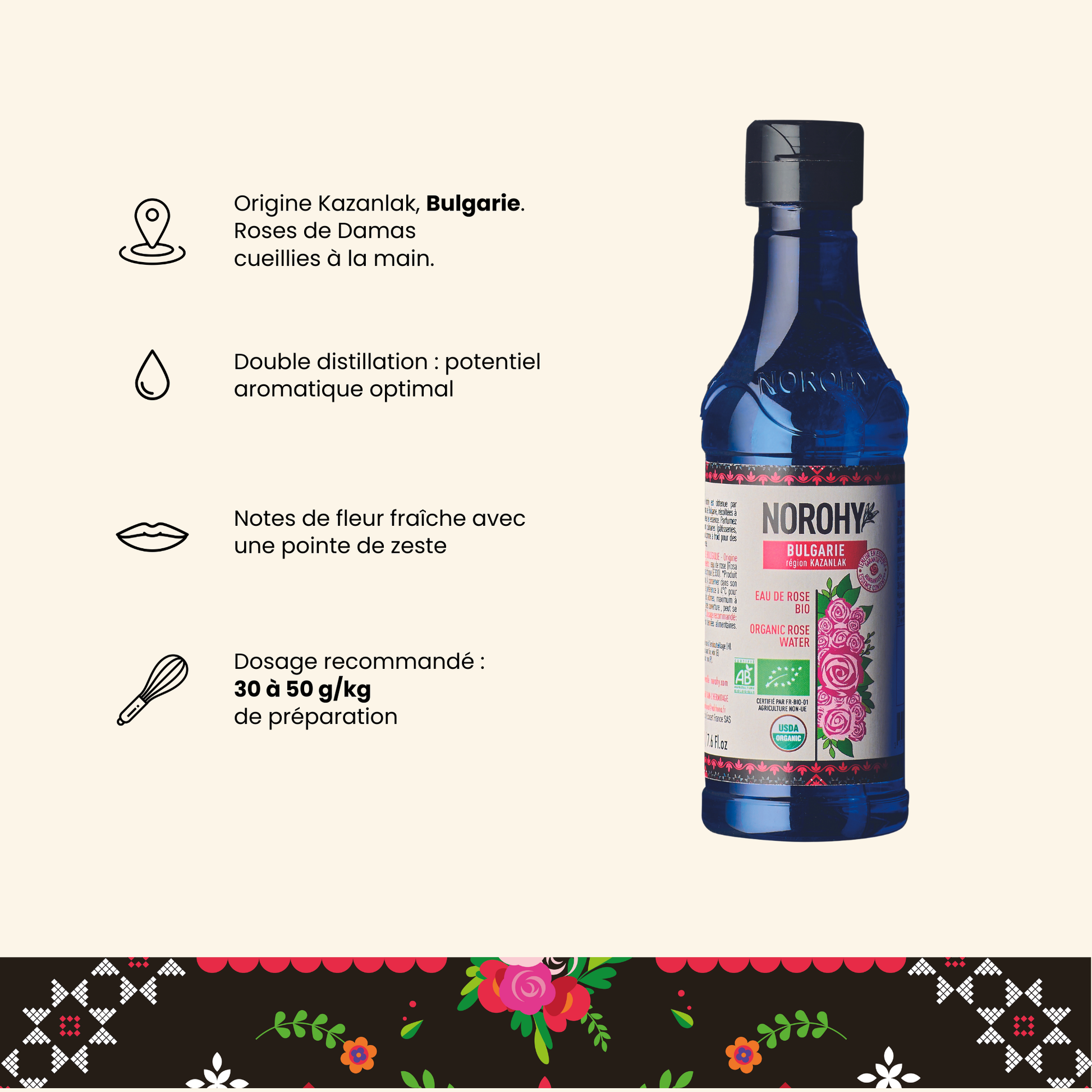 Argumentaire eau de rose bio de Bulgarie - Norohy 