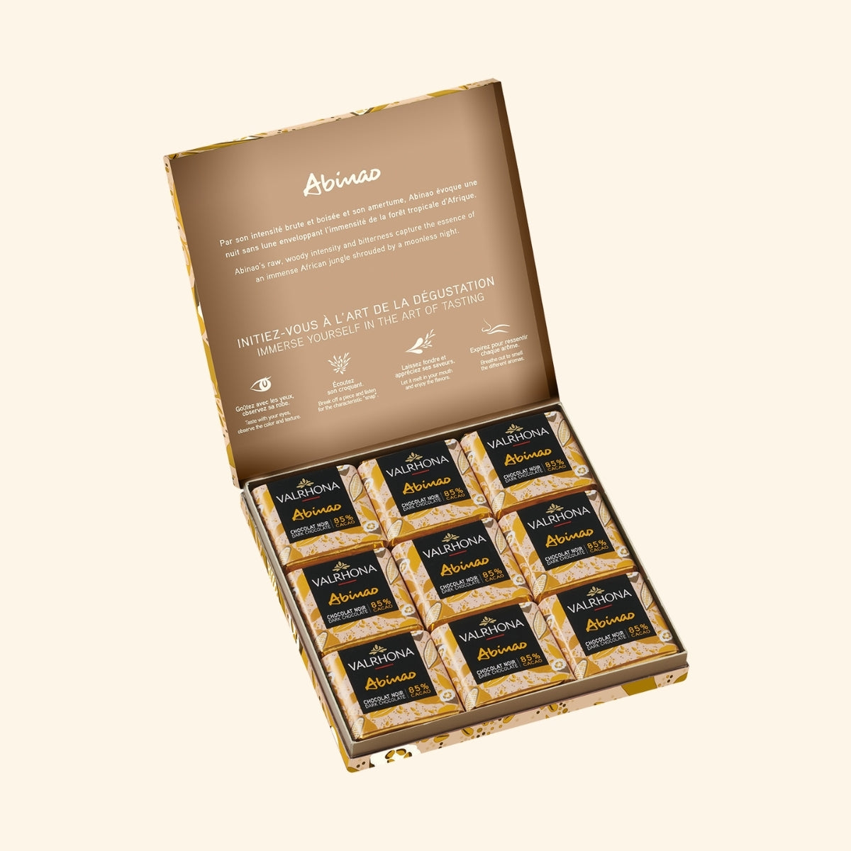 coffret 18 carrés de chocolat Abinao Valrhona ouvert