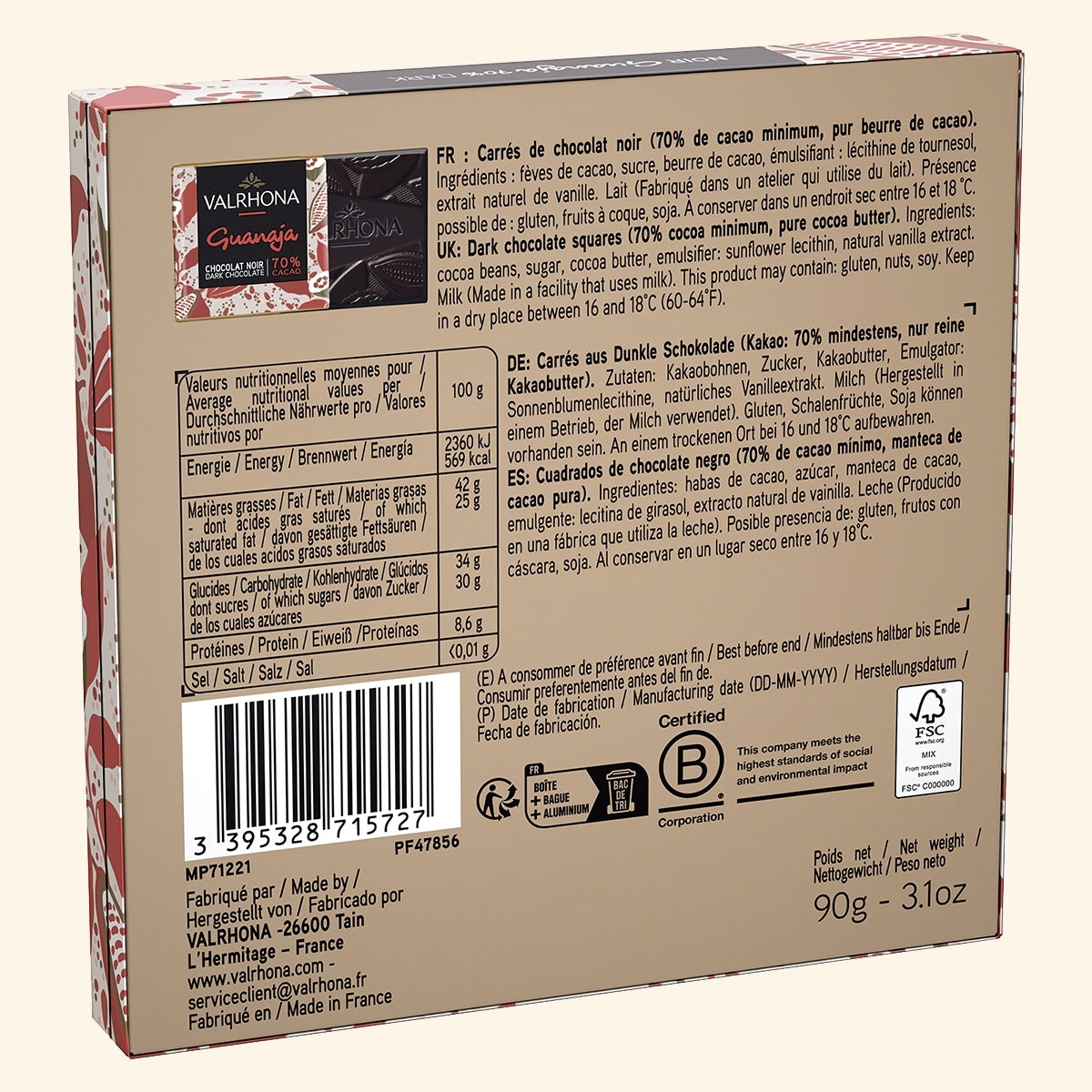 Dos du coffret de 18 carrés de chocolat Guanaja