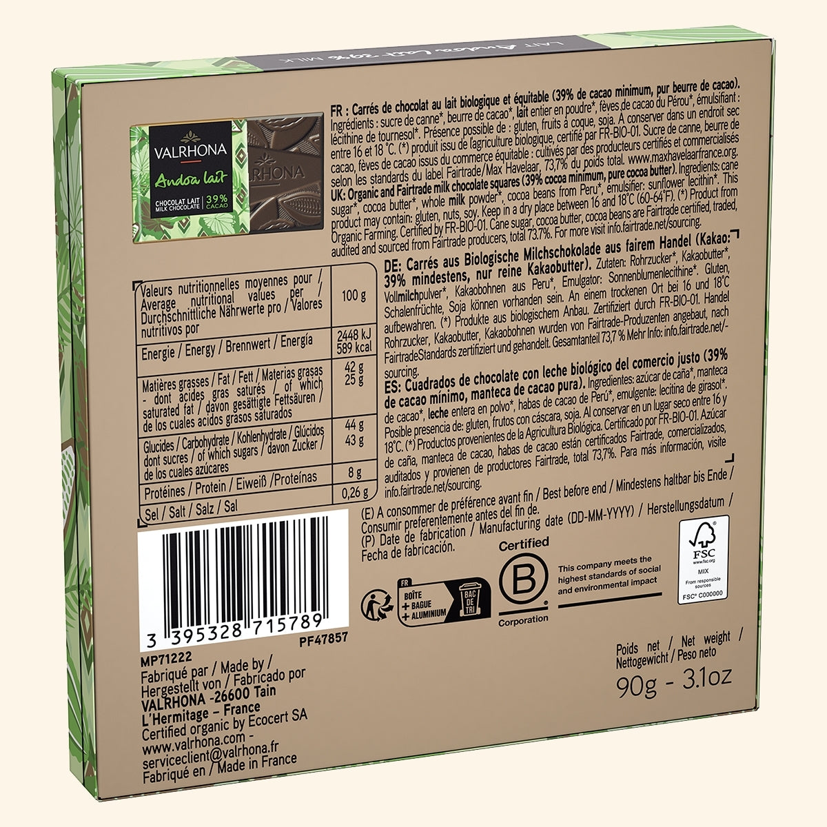 Coffret vue de dos de 18 carrés de chocolat Andoa Lait