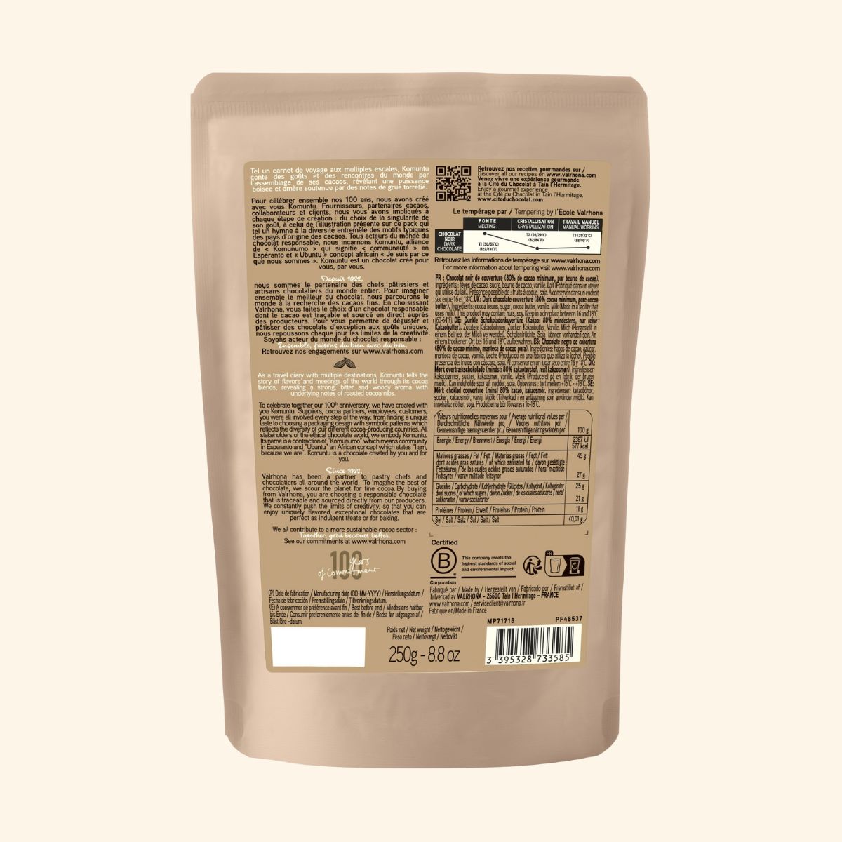 dos du sachet de chocolat Komuntu de Valrhona