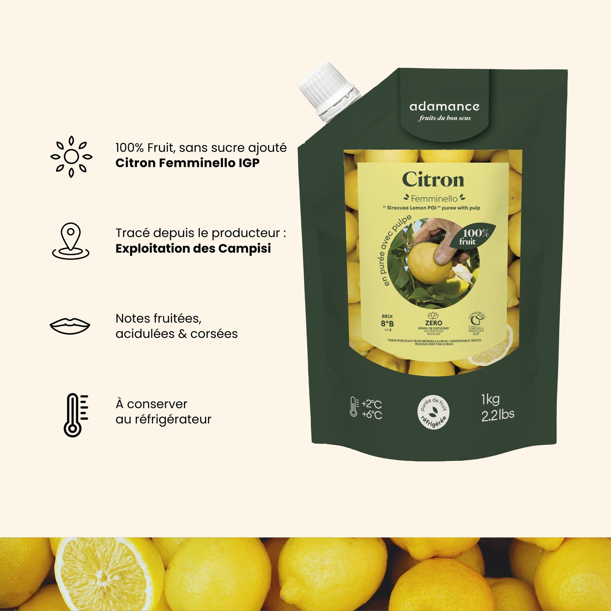 liste des arguments principaux pour l'achat d'une purée de fruit au citron adamance