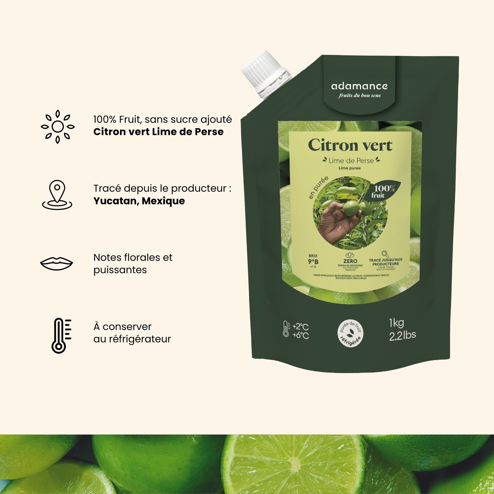 purée de citron vert Adamance : 100% fruit sans sucre ajouté, tracé depuis le producteur au Yucatan, Mexique, Notes florales et puissantes, à conserver au réfrigérateur 