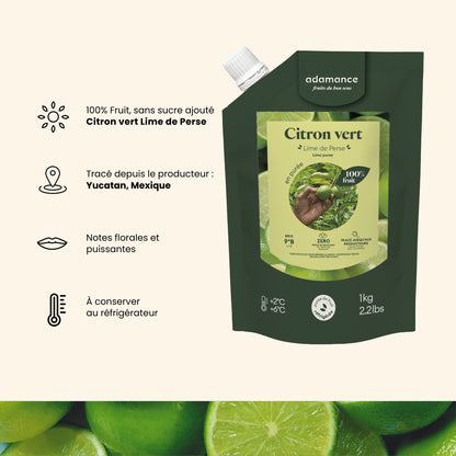 purée de citron vert Adamance : 100% fruit sans sucre ajouté, tracé depuis le producteur au Yucatan, Mexique, Notes florales et puissantes, à conserver au réfrigérateur 