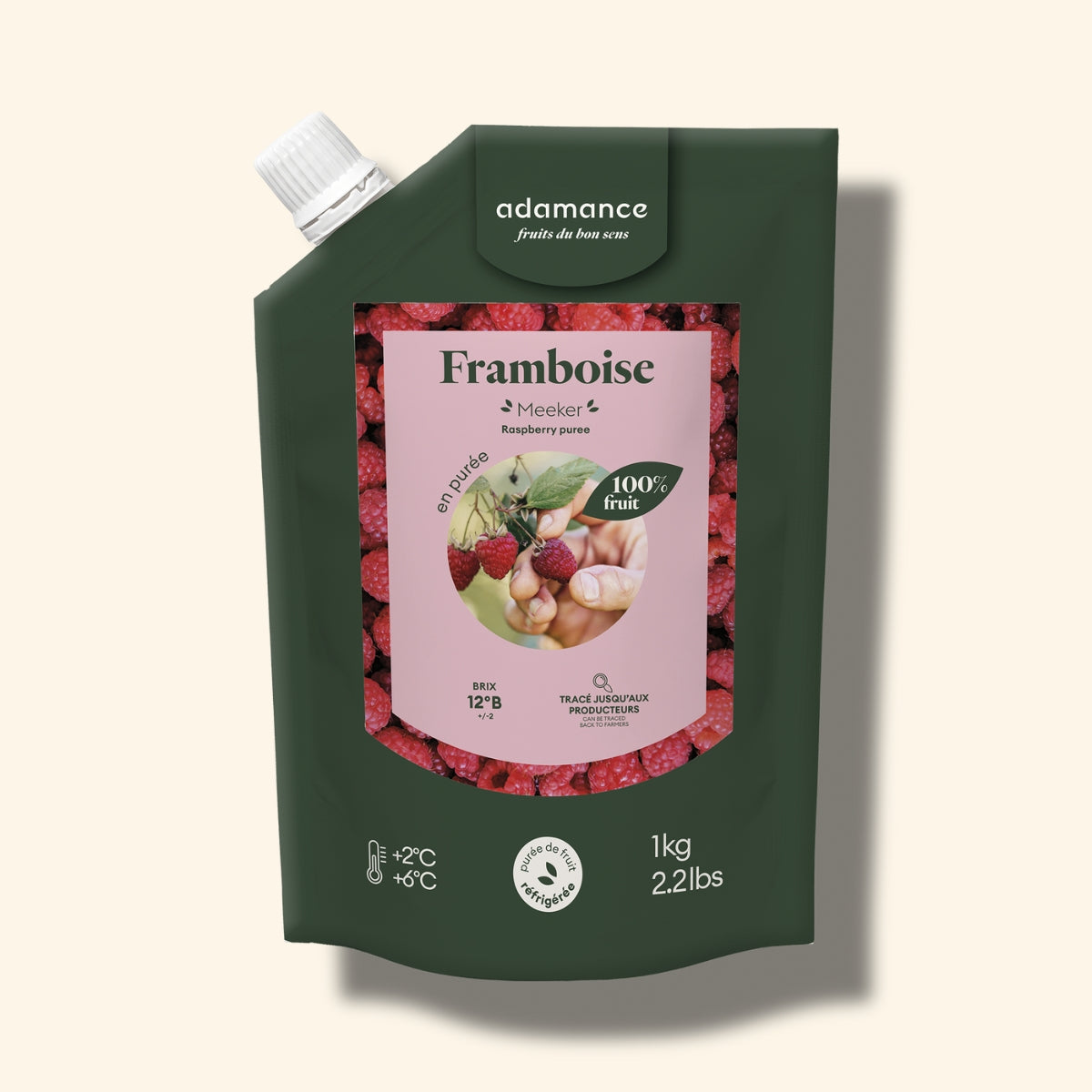 packshot purée de fruit à la framboise adamance