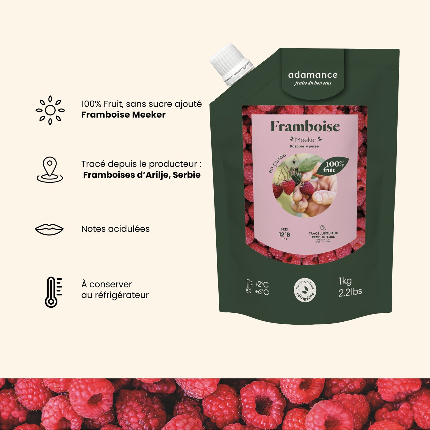liste des arguments principaux pour l'achat d'une purée de fruit à la framboise adamance