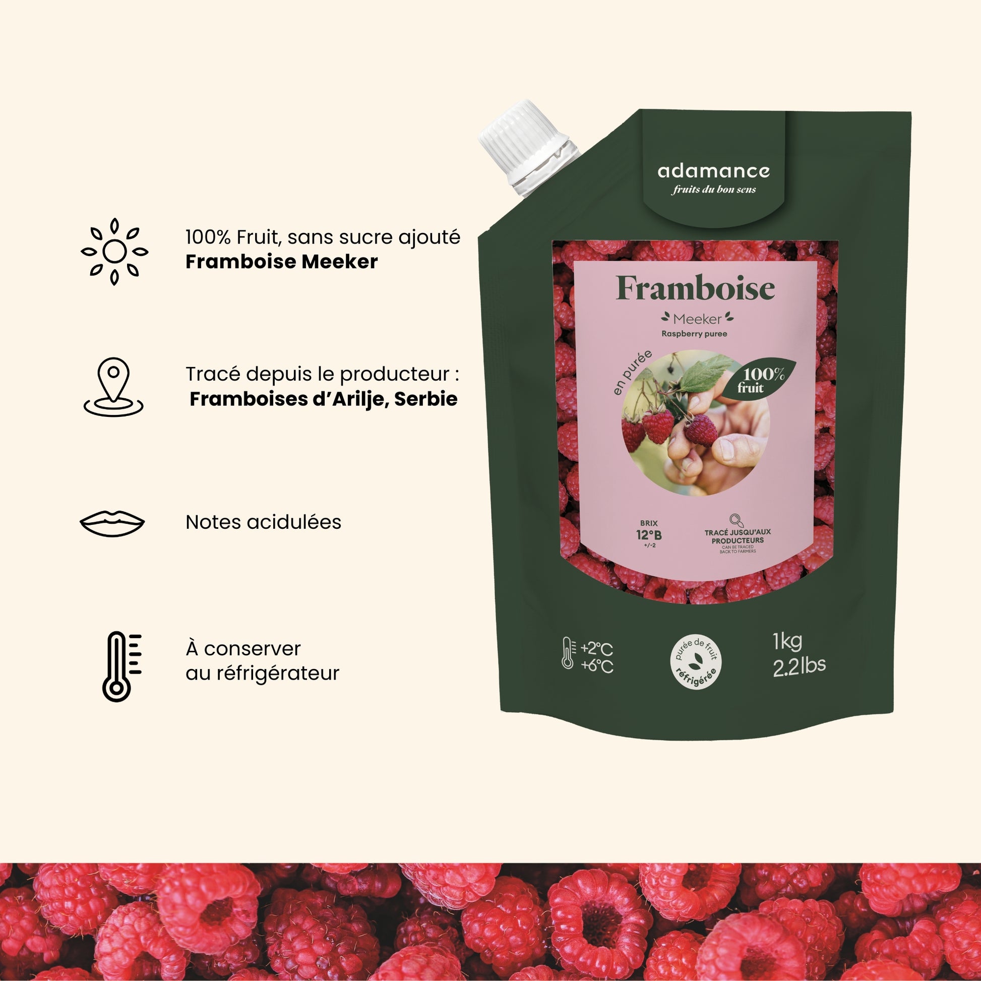 liste des arguments principaux pour l'achat d'une purée de fruit à la framboise adamance