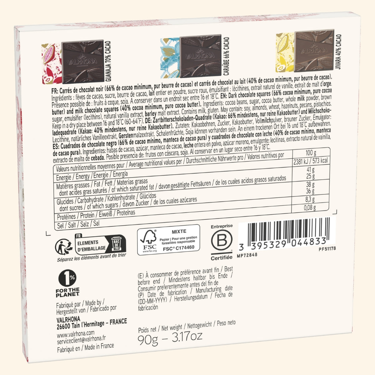 Weihnachtsbox mit 18 Schokoladen-Carrés Zartbitter & Milch – 90g