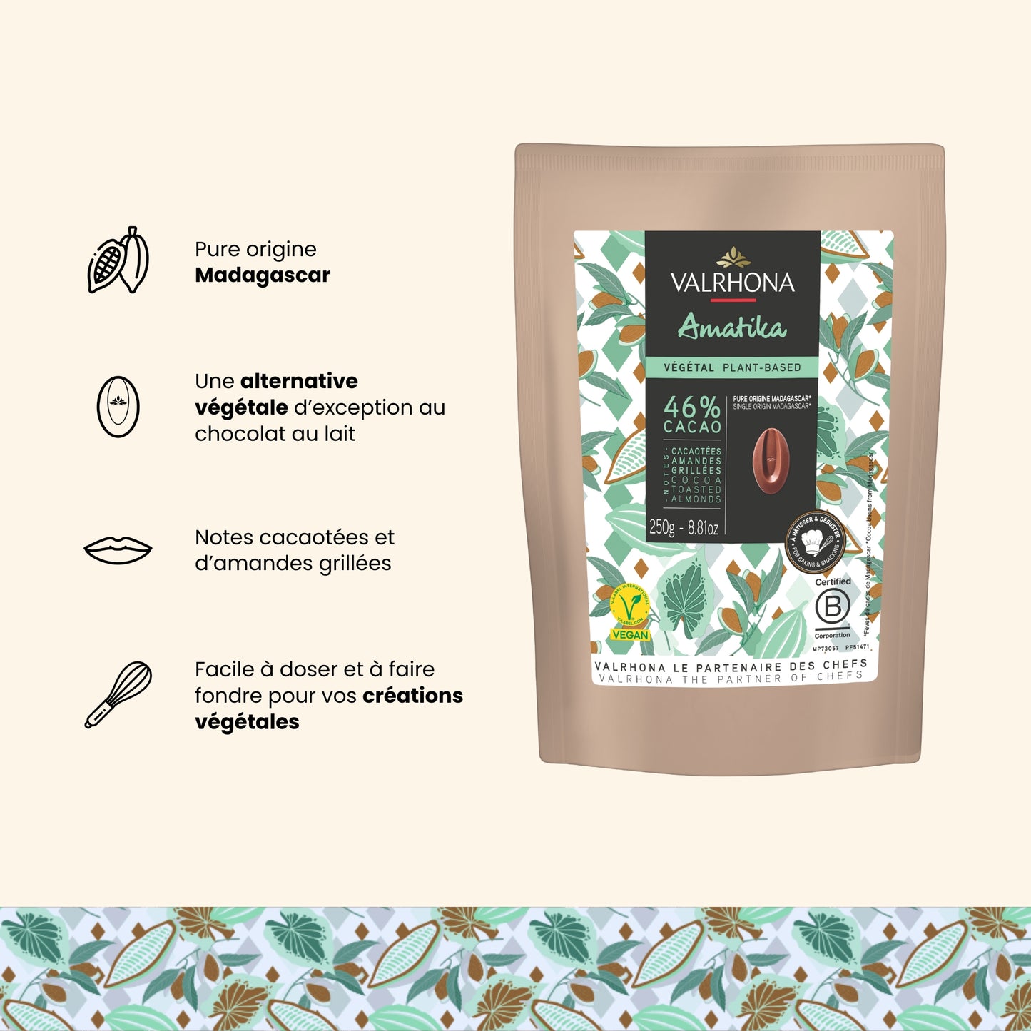 amatika 46% pure origine madagascar, alternative végétale au chocolat au lait, notes cacaotées et d'amandes grillées, facile à doser