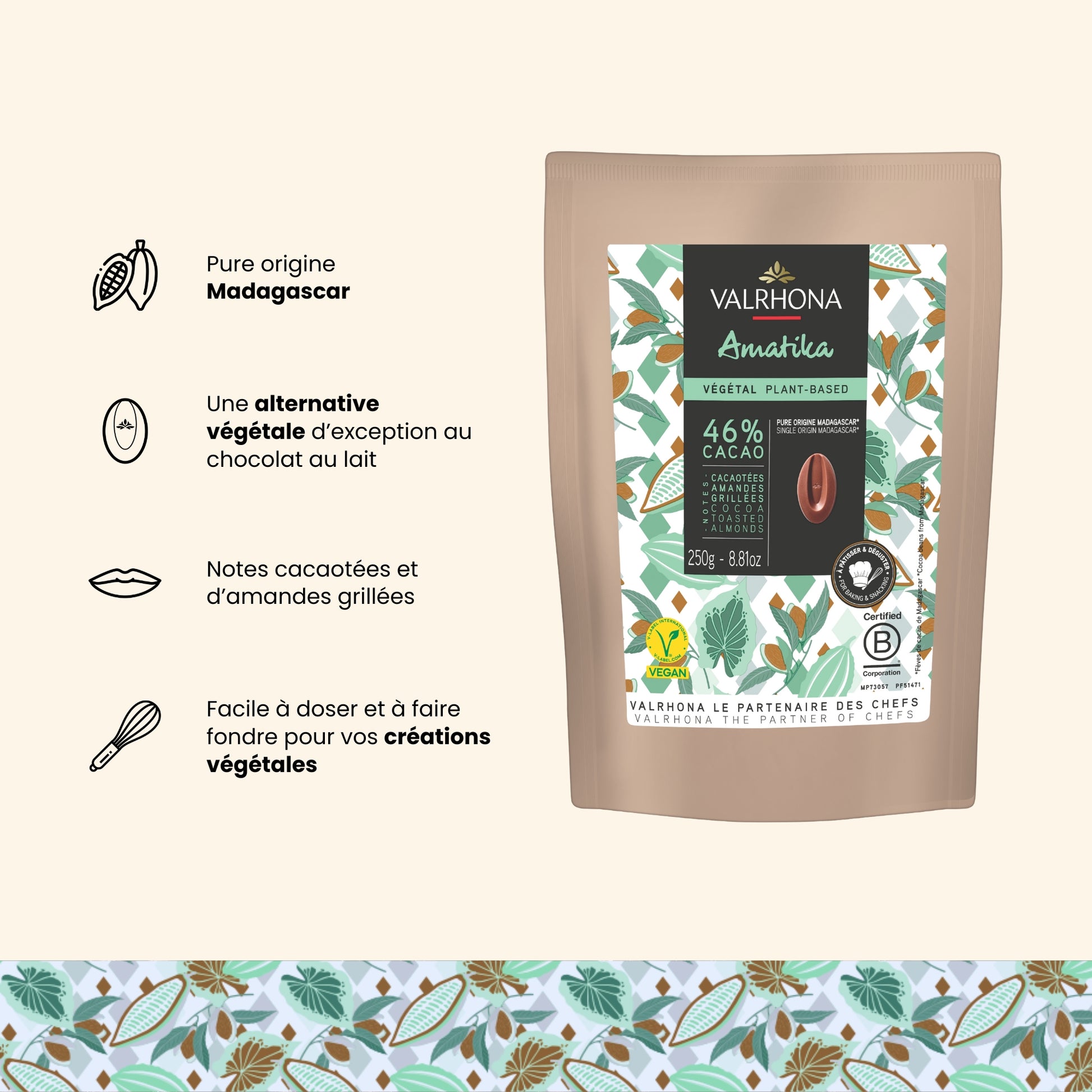 amatika 46% pure origine madagascar, alternative végétale au chocolat au lait, notes cacaotées et d'amandes grillées, facile à doser