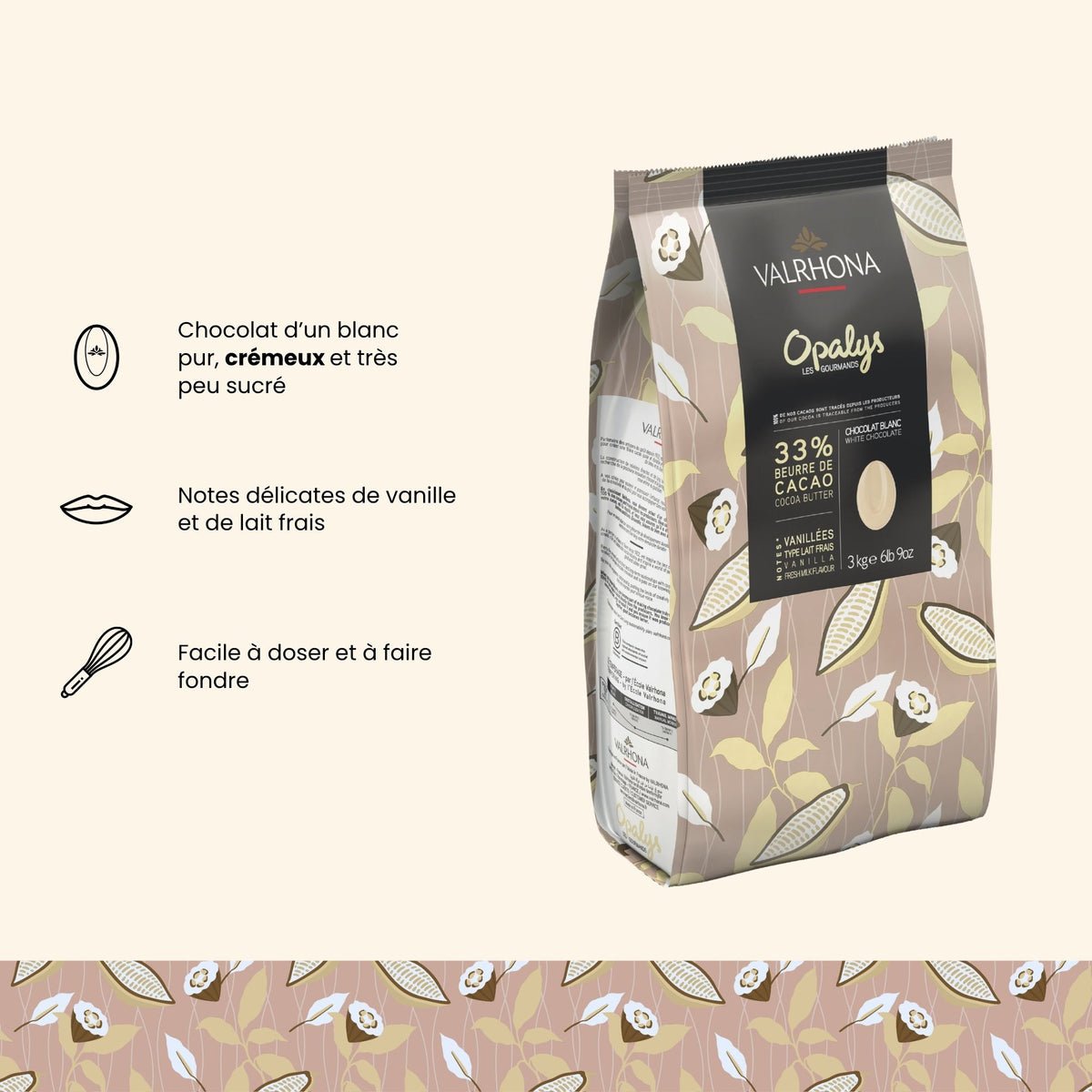 fiche explicative du chocolat blanc Opalys Valrhona
