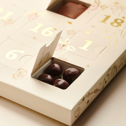 Calendrier de l'avent Valrhona, focus sur une case contenant des fruits secs enrobés