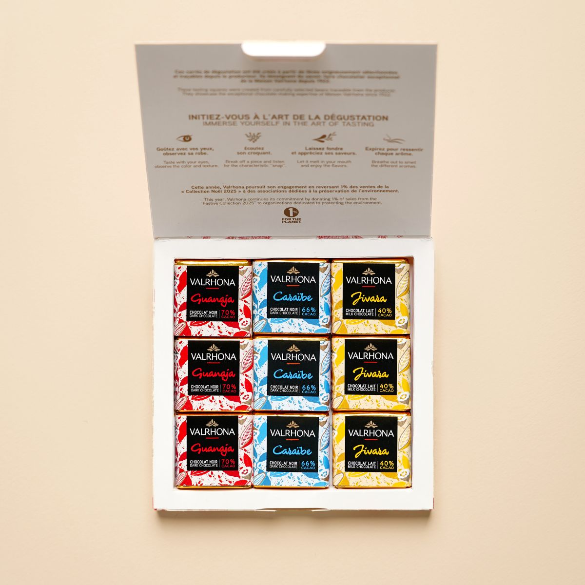 Weihnachtsbox mit 18 Schokoladen-Carrés Zartbitter & Milch – 90g