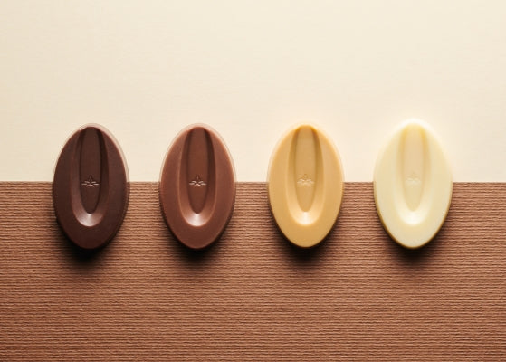 quatres fêves de chocolat de la marque Valrhona, chocolat noir, au lait, blond et blanc
